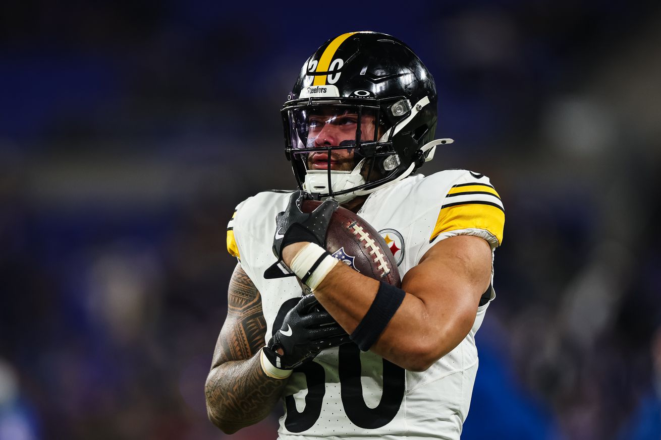 Jaylen Warren #30 of the Pittsburgh Steelers carries the ball before the AFC Wild Card Playoff game against the Baltimore Ravens at M&T Bank Stadium on January 11, 2025 in Baltimore, Maryland.