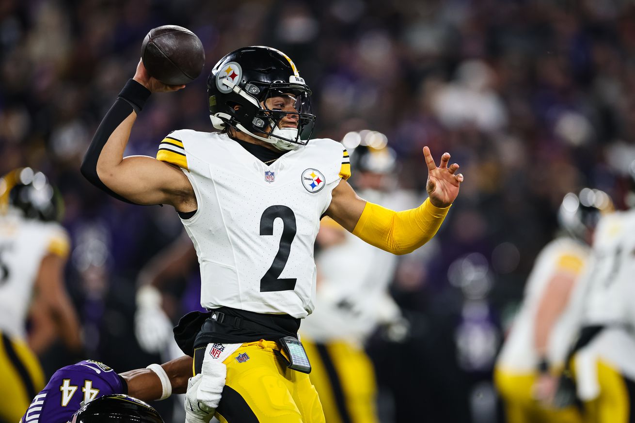 Justin Fields #2 of the Pittsburgh Steelers attempts a pass against the Baltimore Ravens during the first half of the AFC Wild Card Playoff game at M&T Bank Stadium on January 11, 2025 in Baltimore, Maryland.