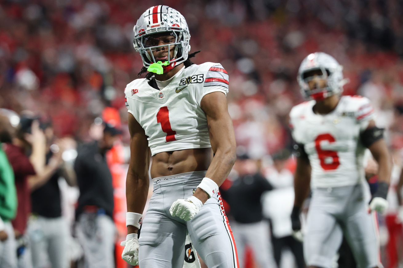 Quinshon Judkins #1 of the Ohio State Buckeyes reacts in the second quarter of the 2025 CFP National Championship Game against the Notre Dame Fighting Irish at Mercedes-Benz Stadium on January 20, 2025 in Atlanta, Georgia.