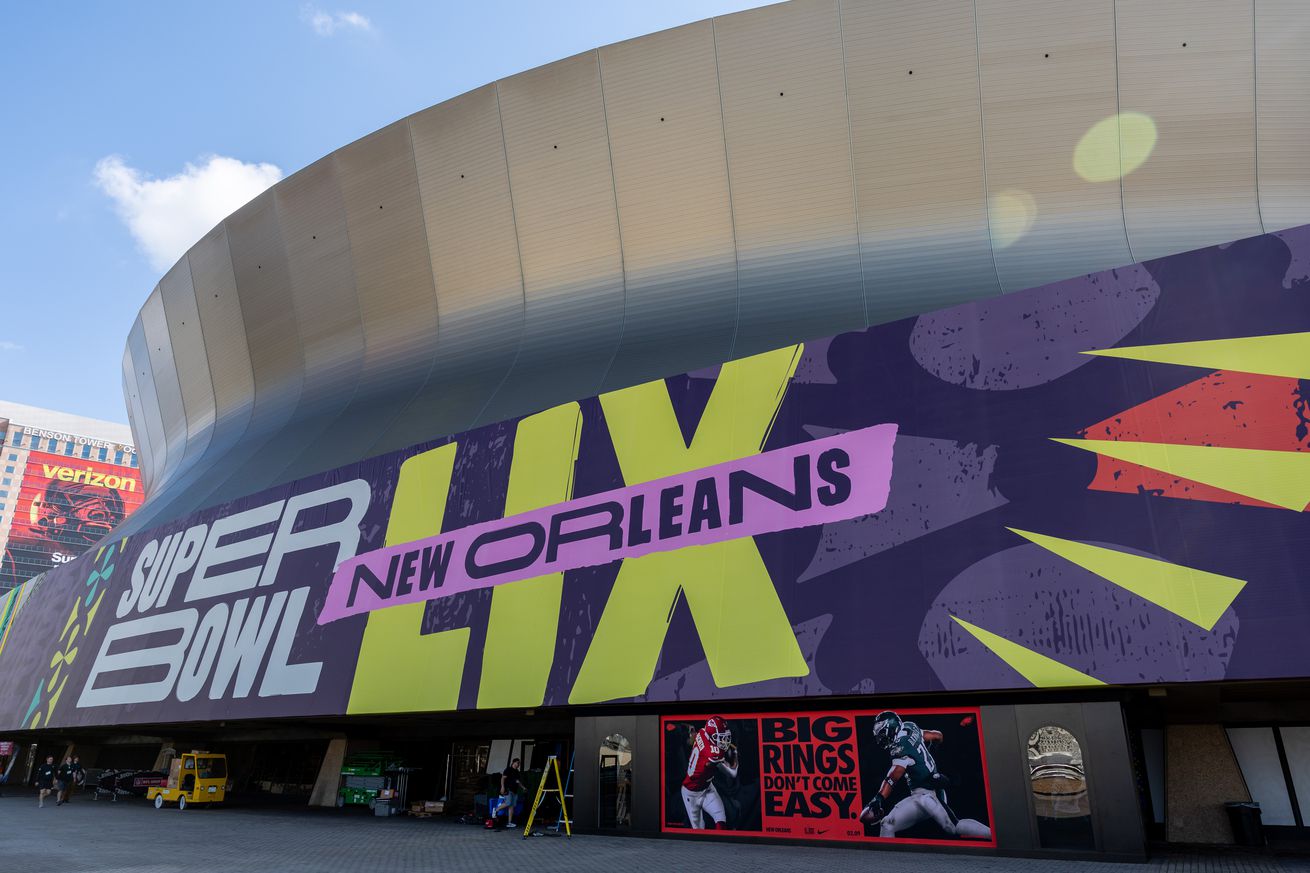 An external view of the Caesars Superdome ready for Super Bowl LIX on February 8, 2025 at the Caesars Superdome in New Orleans, LA.