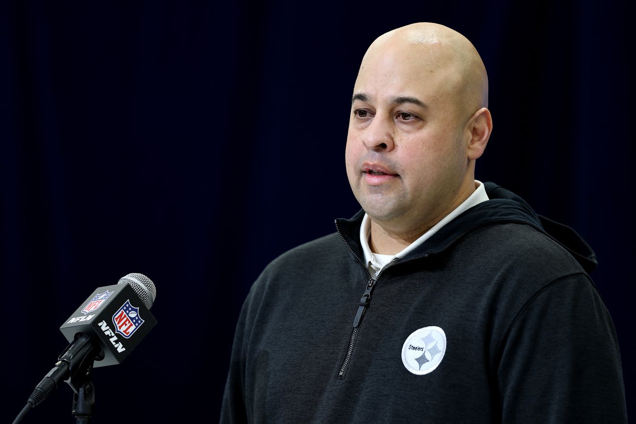 General manager Omar Khan of the Pittsburgh Steelers speaks to the media during the NFL Scouting Combine at the Indiana Convention Center on February 25, 2025 in Indianapolis, Indiana.