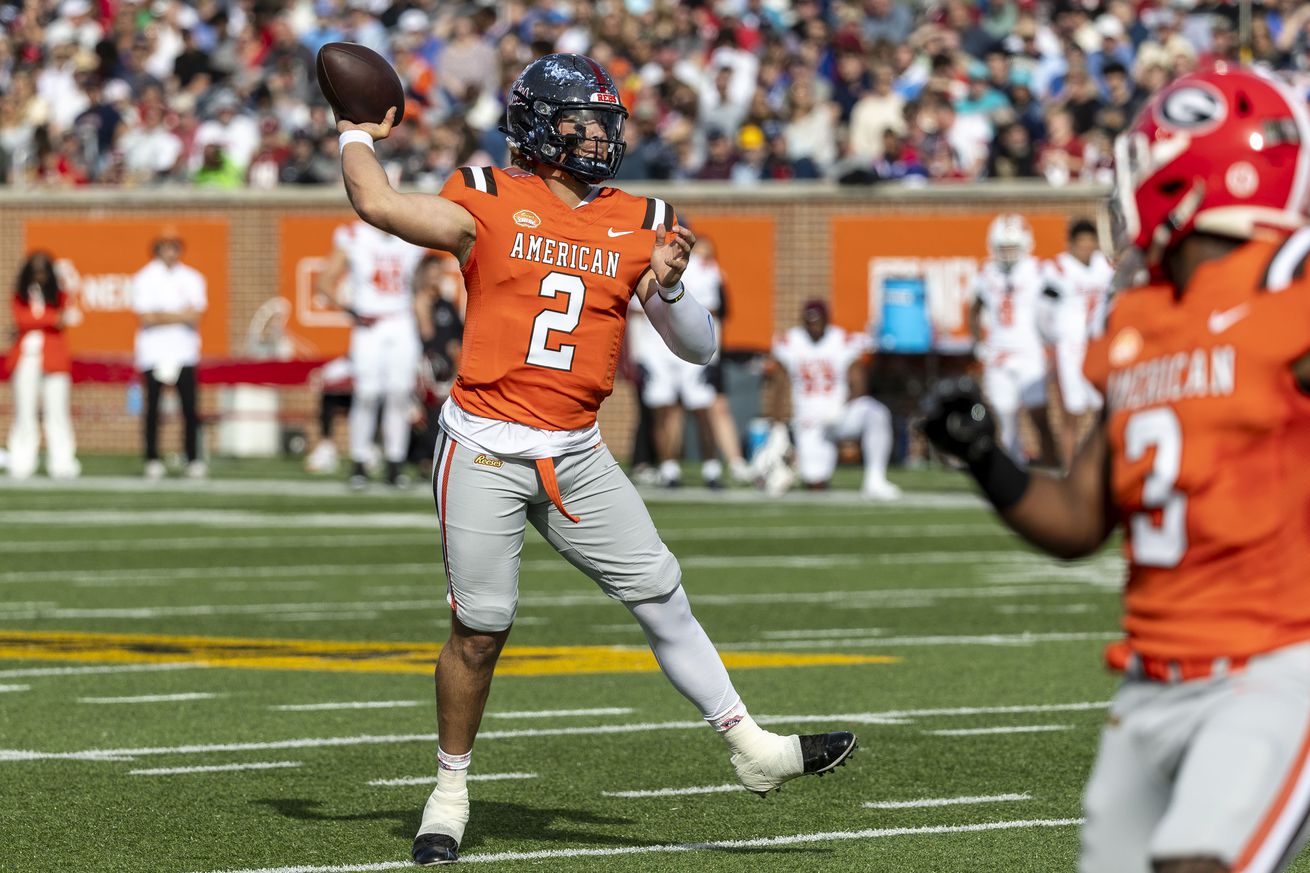  American team quarterback Jaxson Dart of Ole Miss (2) during the first half of the 2025 Senior Bowl football game against the National team at Hancock Whitney Stadium. 