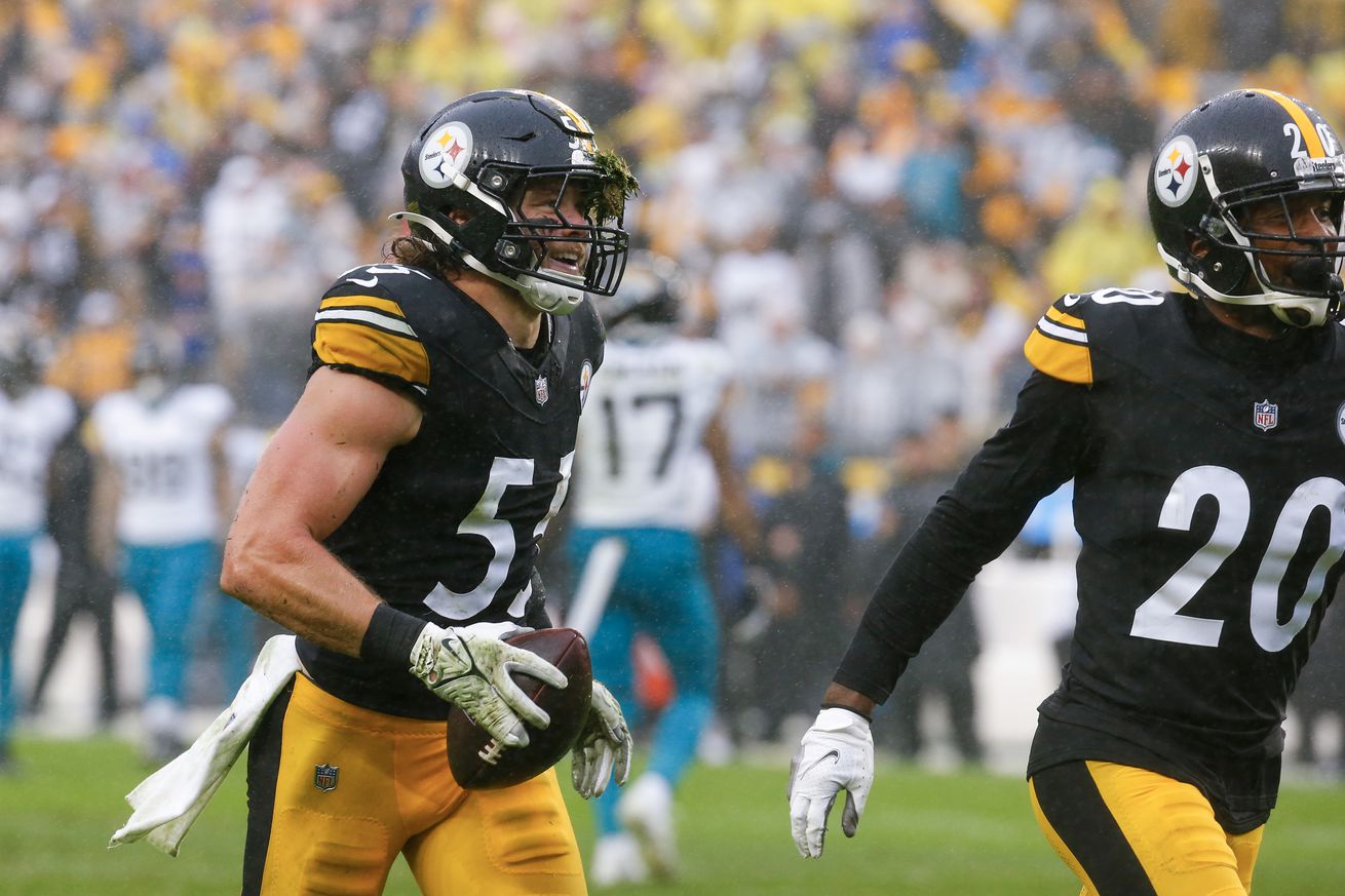 Cole Holcomb #55 of the Pittsburgh Steelers celebrates after recovering a fumble during the first quarter of the game against the Jacksonville Jaguars at Acrisure Stadium on October 29, 2023 in Pittsburgh, Pennsylvania.