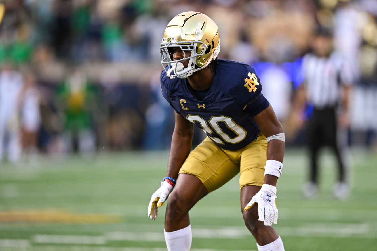 Notre Dame Fighting Irish CB Benjamin Morrison (20) during a college football game between the Stanford Cardinal and Notre Dame Fighting Irish on October 12, 2024 at Notre Dame Stadium in South Bend, IN