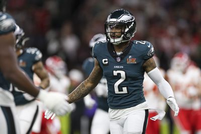 Darius Slay Jr. #2 of the Philadelphia Eagles reacts during Super Bowl LIX against the Kansas City Chiefs at Caesars Superdome on February 09, 2025, in New Orleans, Louisiana. The Eagles defeated the Chiefs 40-22.