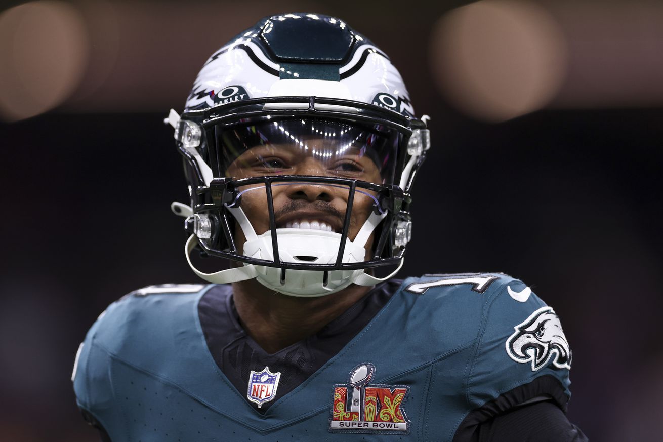 Kenneth Gainwell #14 of the Philadelphia Eagles smiles prior to Super Bowl LIX against the Kansas City Chiefs at Caesars Superdome on February 09, 2025, in New Orleans, Louisiana. The Eagles defeated the Chiefs 40-22.