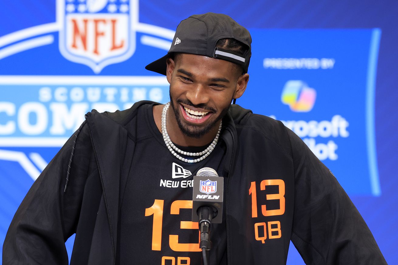 Shedeur Sanders #QB13 of Colorado speaks to the media during the 2025 NFL Scouting Combine at Lucas Oil Stadium on February 28, 2025 in Indianapolis, Indiana.